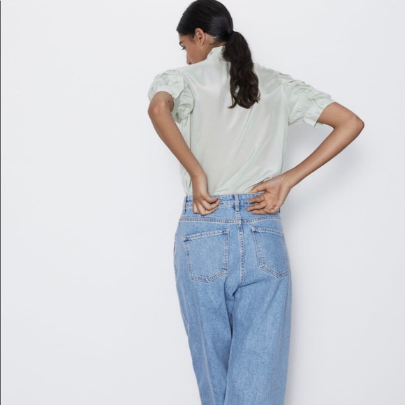 Zara Sea Green Pussybow Satin Blouse - Picture 4 of 7